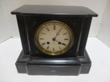 Vintage Black Marble Veneer Mantle Clock with Green Stone Detailing