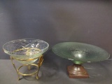 Crystal Bowl in Brass Stand and Textured Glass Bowl on Ceramic Stand