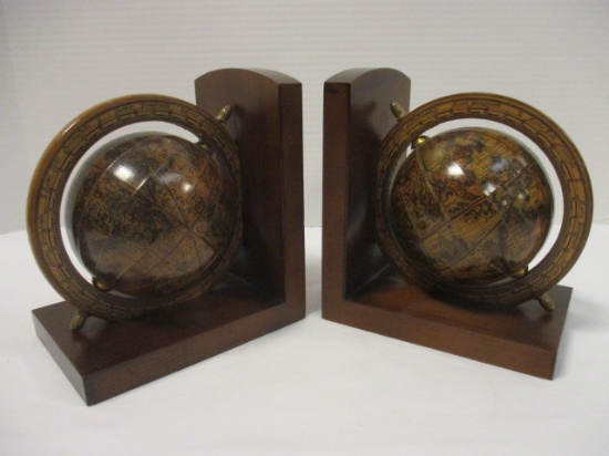 Pair of Wooden Old World Globe Bookends