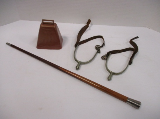 Wood Riding Crop, English Riding Spurs and Cowbell