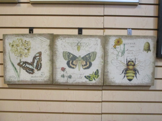 Three Butterfly and Bee Botanical Stretched Burlap Wall Art
