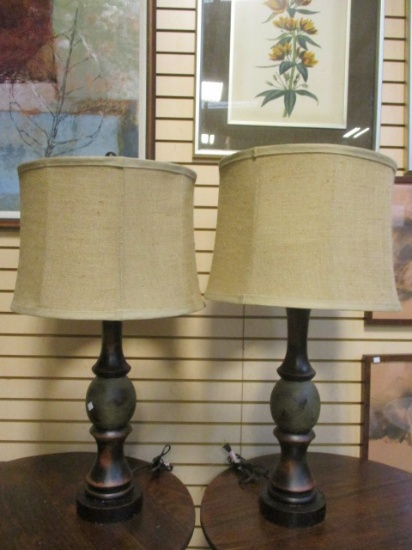 Pair of Turned Spindle Style Table Lamps with Burlap Shades