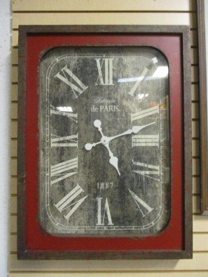 Large "Antique de Paris 1887" Distressed Wood Frame Quartz Wall Clock