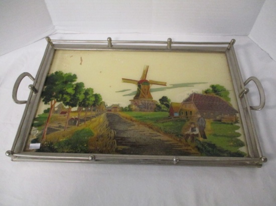 Reverse Painted Windmill Scene Serving Tray