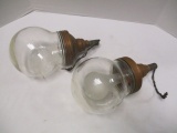 Pair Of Glass Globe Hanging Pendant Lights With Copper Casing