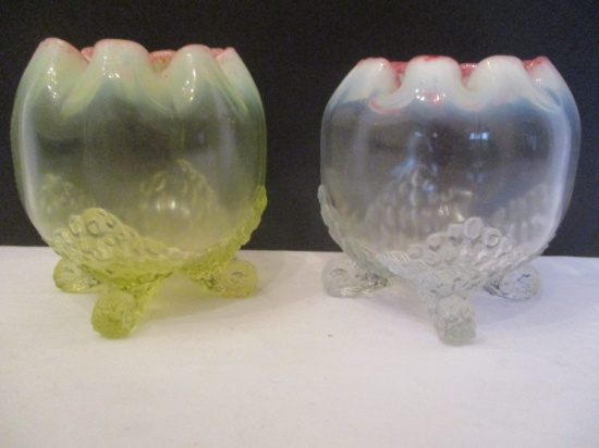 Two Rose Bowls - Vaseline Glass and Clear Glass Footed with Opalescent and Pink Rim
