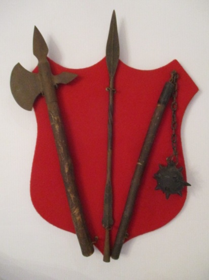 Three Medieval Weapons on Felt Covered Shield Plaque