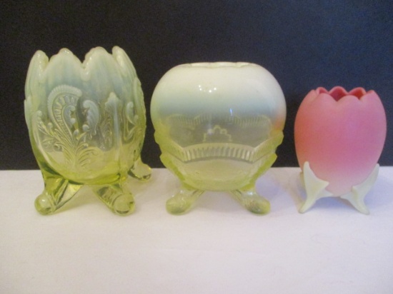 Three Vaseline Glass Rose Bowls- Satin Glass and Two Opalescent Rim