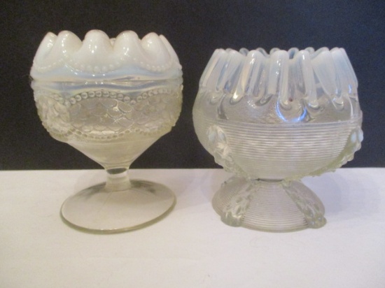Two Clear Glass Pedestal Rose Bowls with Opalescent Rim