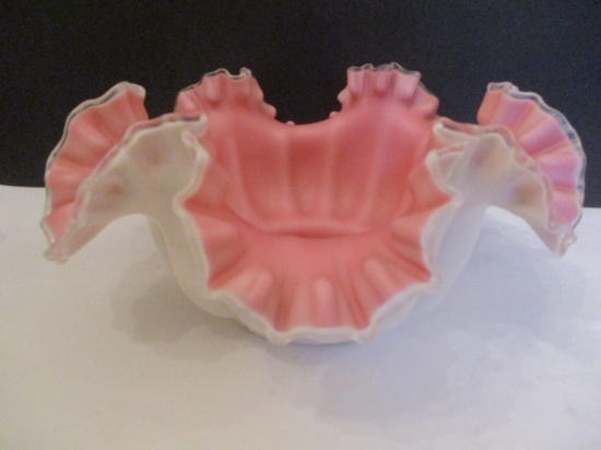 Hand Blown Vaseline Glass Pink and White Crested Bowl