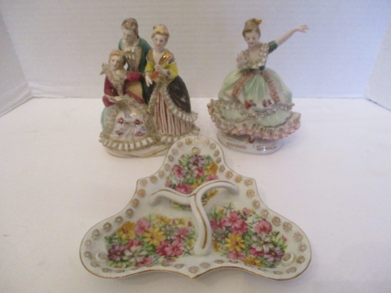 Tidbit Dish and Two Victorian Figurines