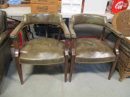 Pair Of Hickory Chair Walnut Captain's Chairs With Brass Nailhead Trim