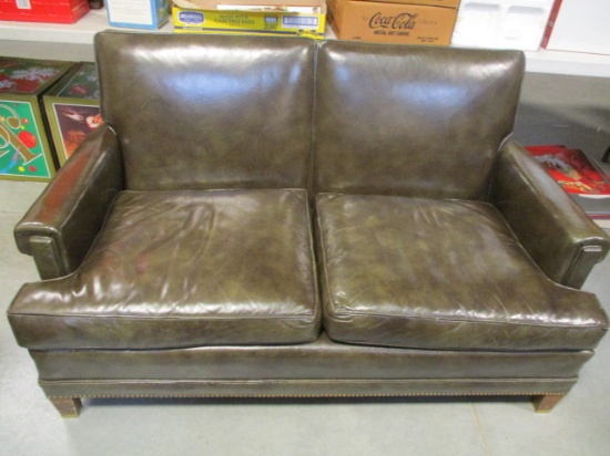 Hickory Chair 2 Cushion Leather Loveseat With Brass Nailhead Trim