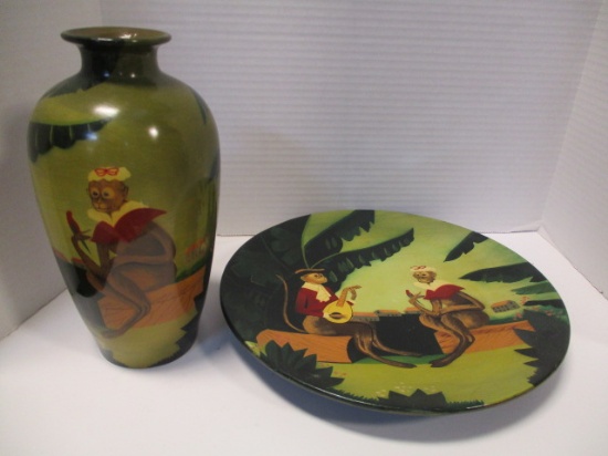 Clothed Monkey Decorative Plate And Vase Set