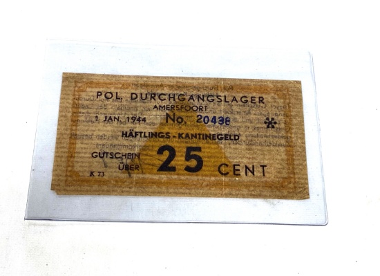 Original Netherlands: Amersfoort Nazi Concentration Camp Bank Note 25 Cent