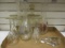 Iridescent Decanter with Four Stems and Three Clear Glass Decanters