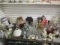 Table Lot-Glassware, Figurines, Vases, Candle Shades, Tins, etc.