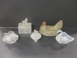 Iridescent Fenton Swan, Swan Trinket Box, Song Bird Trinket Boxes and Hen Lid