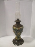 Antique Consolidated Satin Glass Oil Lamp with Cast Metal Base