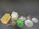 Glass Ashtrays and Matches-One Protecto Vaseline Glass, One Lodge Cast Iron Ashtray