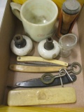 Four Vintage Straight Razors, Old Spice Shaving Mug, Shaving Brush in Bakelite