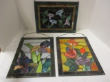 Three Stained Glass Style Window Hangers-Morning Glories, Roses and Iris