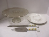 Glass Cake Stand, California Pottery Divided Plate and Prill Porcelain Handle