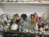 Table Lot-Glassware, Figurines, Vases, Candle Shades, Tins, etc.
