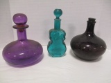 Three Colored Glass Decanters