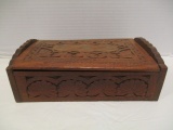 Carved Wood Hinged Lid Box with Brass Inlay Design