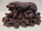 Red Poly Resin Mother Pig and Piglets Statue