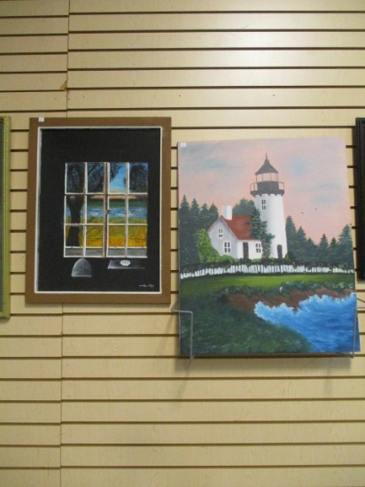 Original Art Framed Window Scene And Unframed Lighthouse.