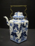 Blue and White Oriental Coffee Pot with Brass Handle