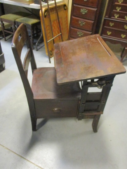 Vintage School Desk With 1-Drawer Base And Glass Inkwell