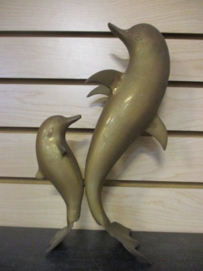 Brass Mother and Baby Dolphin Statue