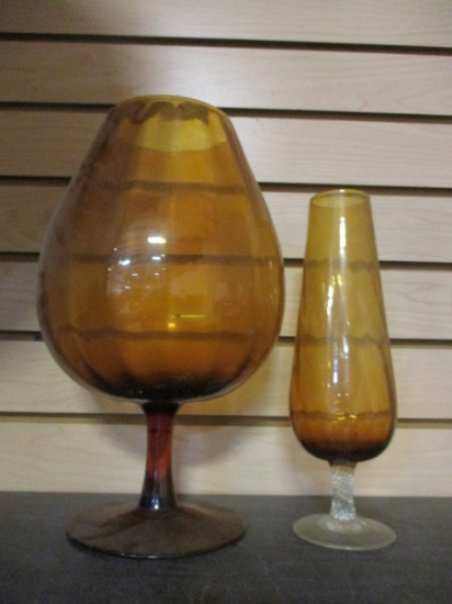 Two Stemmed Amber Art Glass Vases