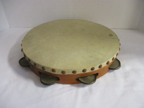 Vintage Wooden Tambourine with Skin Drumhead