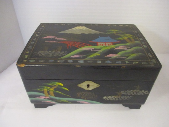 Hand Painted Oriental Scene Lacquered Musical Jewelry Box