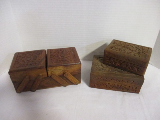 Two Carved Wood Trinket Boxes and Accordion Trinket Box
