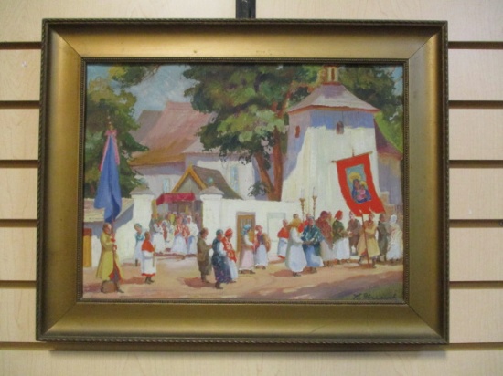 Vintage Oil on Board Island Church Scene