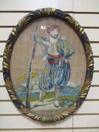 Oval Framed Needlework Mediterranean Soldier in a Vintage Ornate Frame