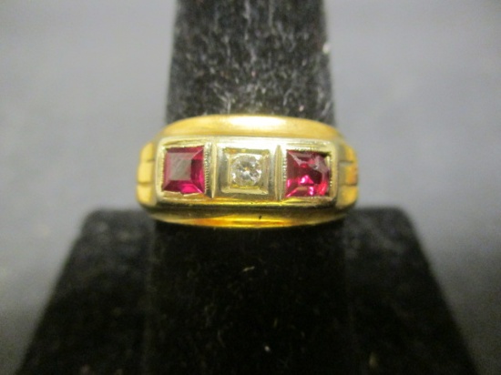 14k Gold Man's Ring w/ Diamond and 2 Rubies- Band Broke