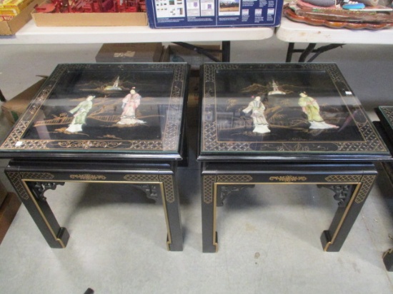 Carved Oriental Side Tables With Glass Top