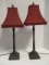 Pair of Candle Stick Buffet Lamps with Burgundy Shades