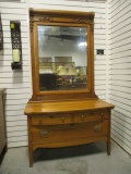 Antique Oak Bow Front Dresser with Beveled Mirror