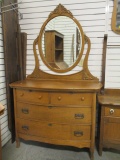 Antique Oak Bow Front Dresser with Beveled Mirror