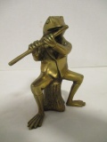Brass Frog Flutist Statue