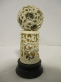 Chinese Carved Spheres and Cylinder on Wood Base