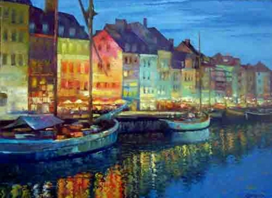 As Night Falls-Copenhagen Texturized Giclee on Canvas signed by Howard Behrens