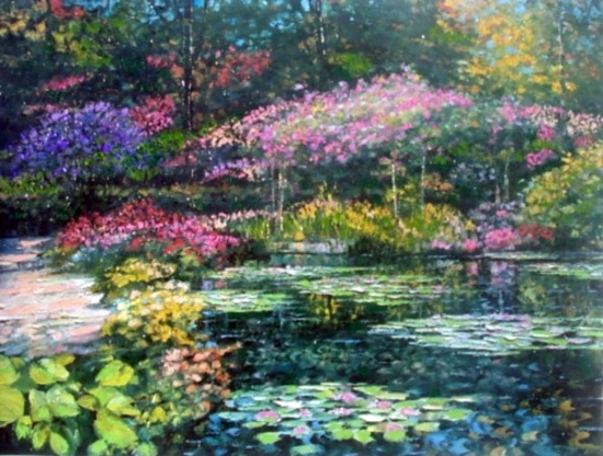 Giverny Lily Pond Texturized Giclee on Canvas signed by Howard Behrens